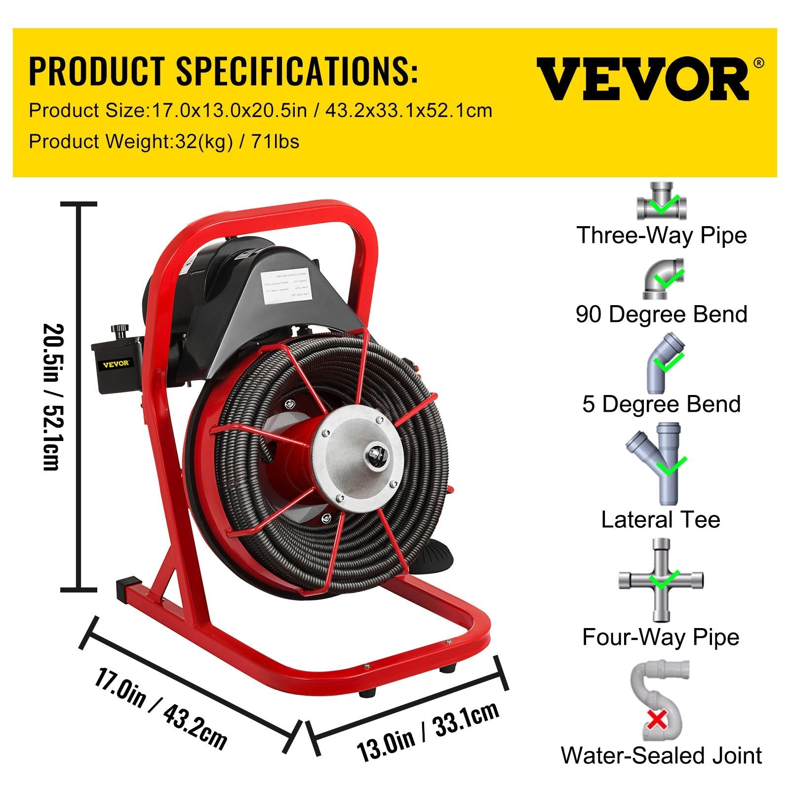 VEVOR 50 Ft x 1/2 Inch Drain Cleaner Machine Best fit 1”(25mm) to 4”(100mm) Pipes Drain Cleaning Machine Portable Drain Auger Cleaner with 4 Cutters Electric Drain Auger Plumbing Tool (50Ft x 1/2In)