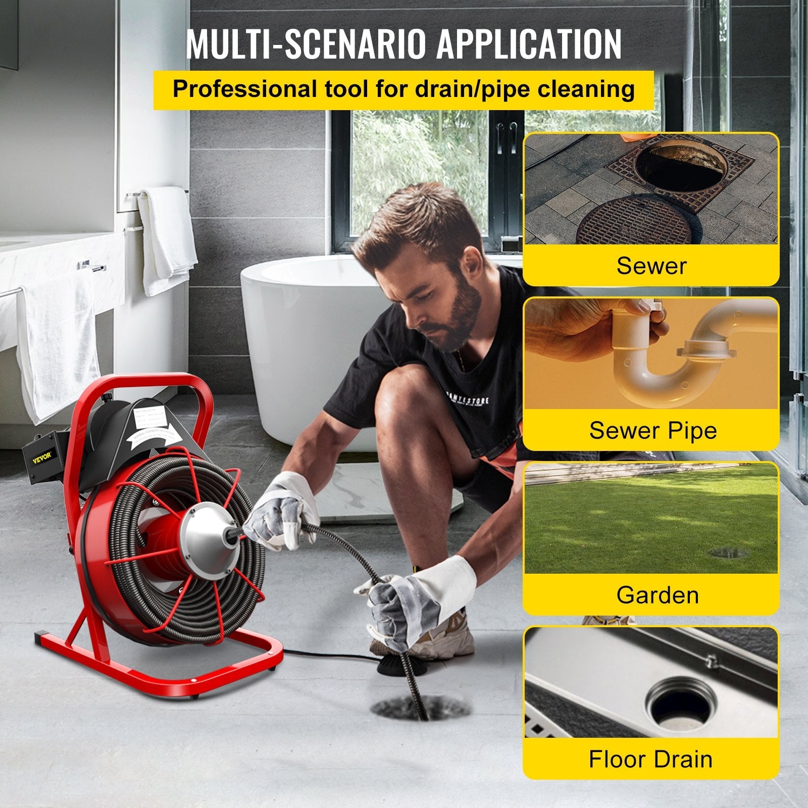 VEVOR 75Ft x 1/2Inch Drain Cleaner Machine fit 1 Inch (25mm) to 4 Inch(100mm) Pipes 370W Drain Cleaning Machine Portable Electric Drain Auger with Cutters Glove Drain Auger Cleaner Sewer