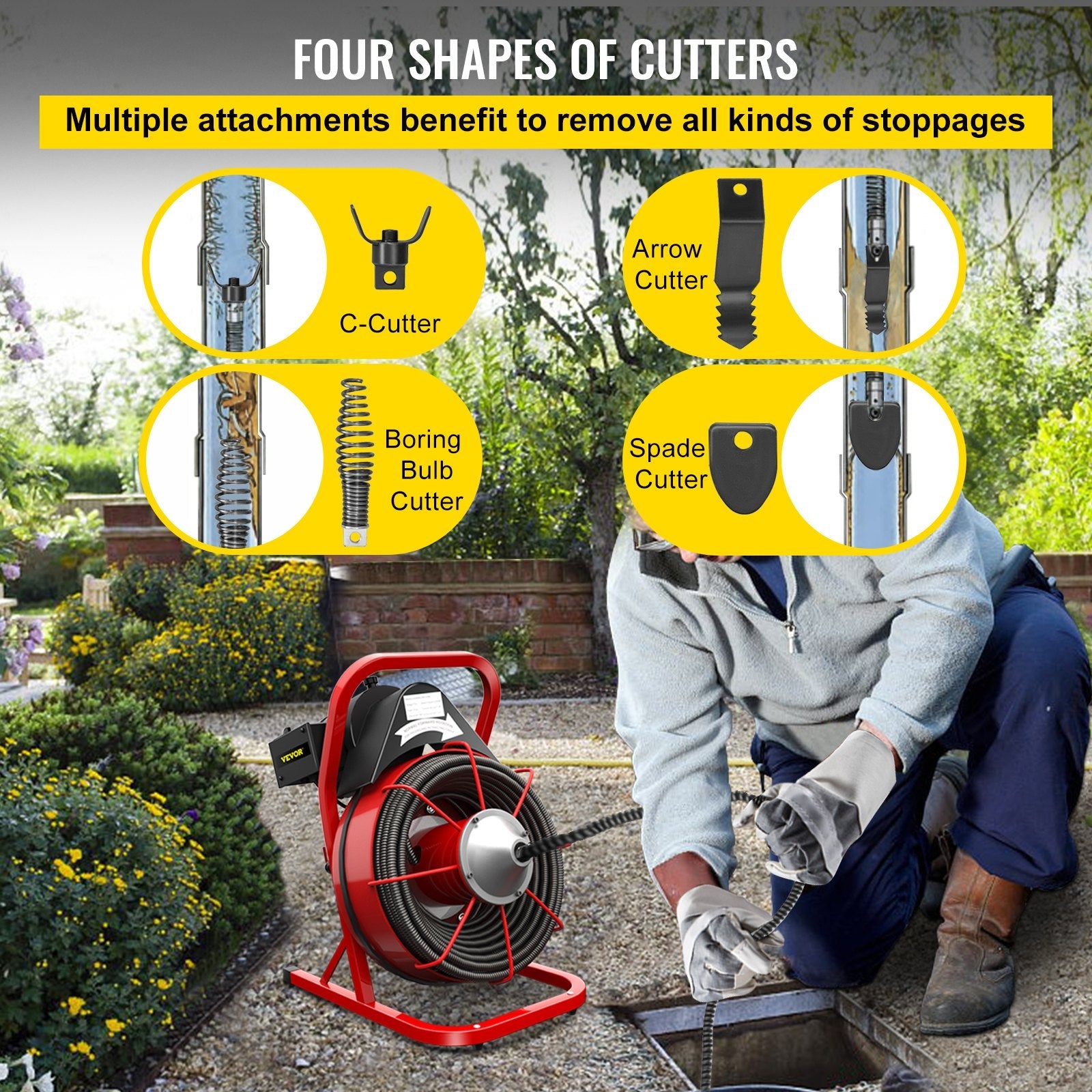 VEVOR 75Ft x 1/2Inch Drain Cleaner Machine fit 1 Inch (25mm) to 4 Inch(100mm) Pipes 370W Drain Cleaning Machine Portable Electric Drain Auger with Cutters Glove Drain Auger Cleaner Sewer