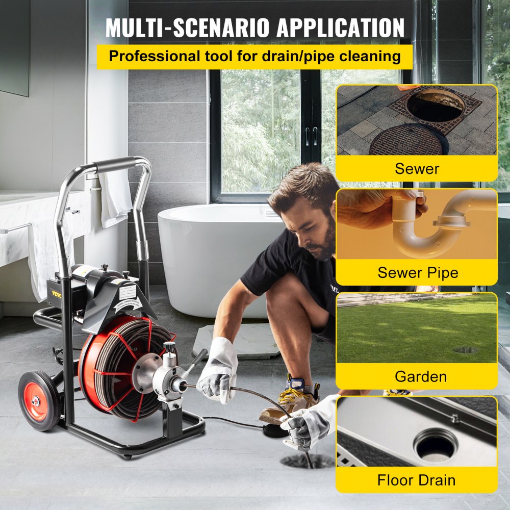 VEVOR 75 Ft x 3/8Inch Drain Cleaner Machine fit 1 Inch (25mm) to 4 Inch(100mm) Pipes 370W Open Drain Cleaning Machine Portable Electric Drain Auger with Cutters Glove Drain Auger Cleaner Sewer