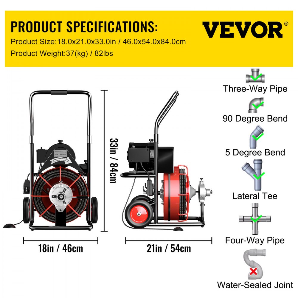 VEVOR 75 Ft x 3/8Inch Drain Cleaner Machine fit 1 Inch (25mm) to 4 Inch(100mm) Pipes 370W Open Drain Cleaning Machine Portable Electric Drain Auger with Cutters Glove Drain Auger Cleaner Sewer