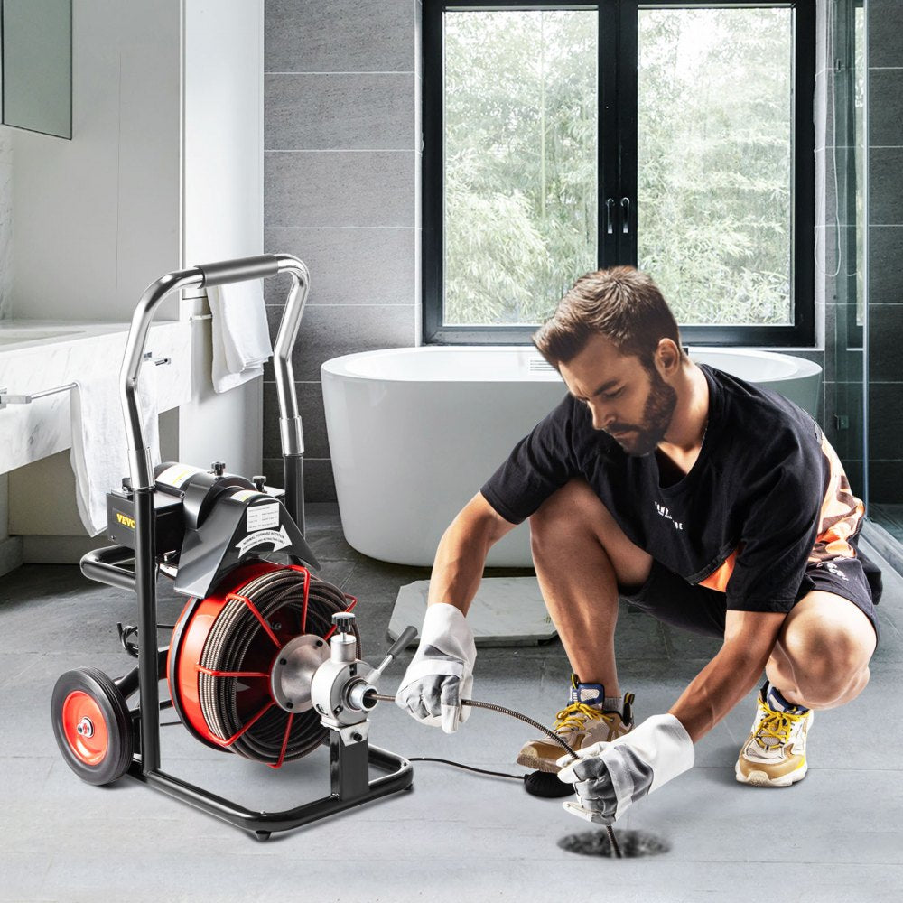 VEVOR 75 Ft x 3/8Inch Drain Cleaner Machine fit 1 Inch (25mm) to 4 Inch(100mm) Pipes 370W Open Drain Cleaning Machine Portable Electric Drain Auger with Cutters Glove Drain Auger Cleaner Sewer