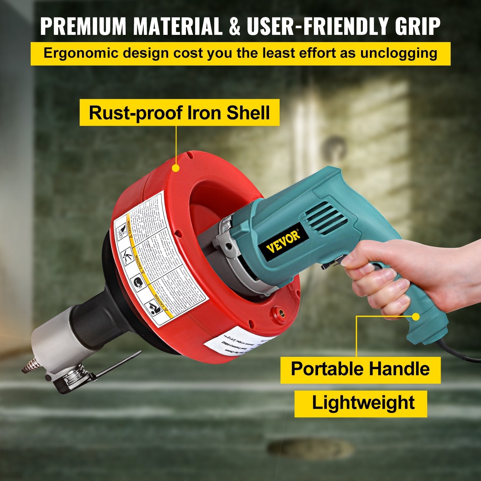 VEVOR 26 Ft Portable Electric Drain Auger Best fit 0.8Inch (20mm)-2.6Inch (65mm) Pipes Electric Drain Snake Lightweight Drain Cleaner Machine Drain Cleaning, Red