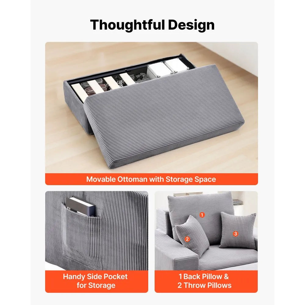 44" Oversized Chaise Lounge Chair – Grey Corduroy Deep Seat Modular Lounge with Storage Ottoman – No Assembly Required