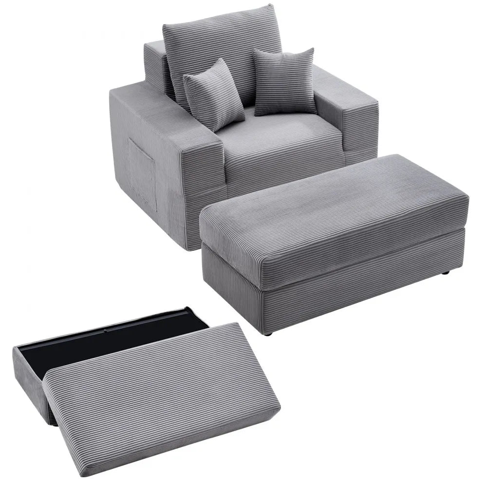 44" Oversized Chaise Lounge Chair – Grey Corduroy Deep Seat Modular Lounge with Storage Ottoman – No Assembly Required