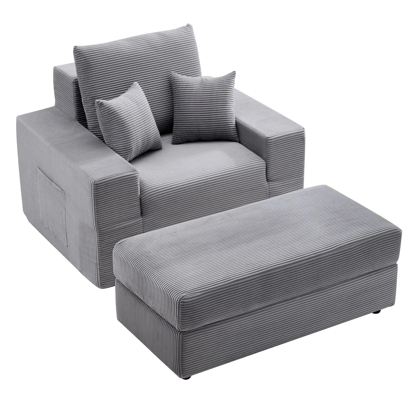 44" Oversized Chaise Lounge Chair – Grey Corduroy Deep Seat Modular Lounge with Storage Ottoman – No Assembly Required