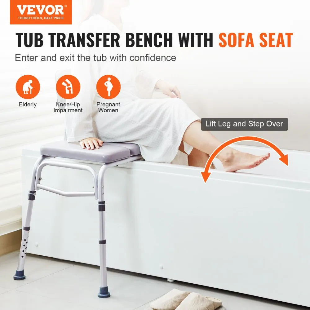 VEVOR Tub Transfer Bench for Bathtub 500lbs, Shower Seats for Adults, Lightweight Shower Bench for Elderly and Disabled with Padded Seat, Non-Slip Bath Seats with Armrest and Reversible Backrest