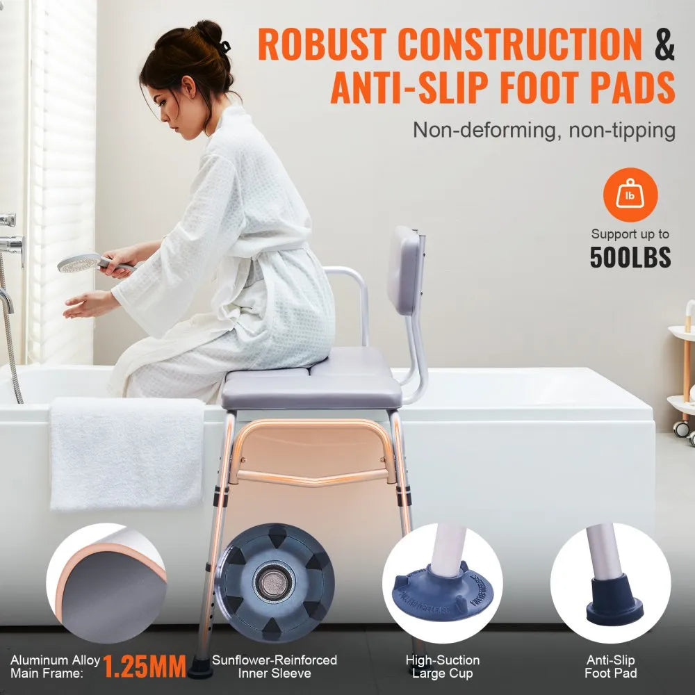 VEVOR Tub Transfer Bench for Bathtub 500lbs, Shower Seats for Adults, Lightweight Shower Bench for Elderly and Disabled with Padded Seat, Non-Slip Bath Seats with Armrest and Reversible Backrest