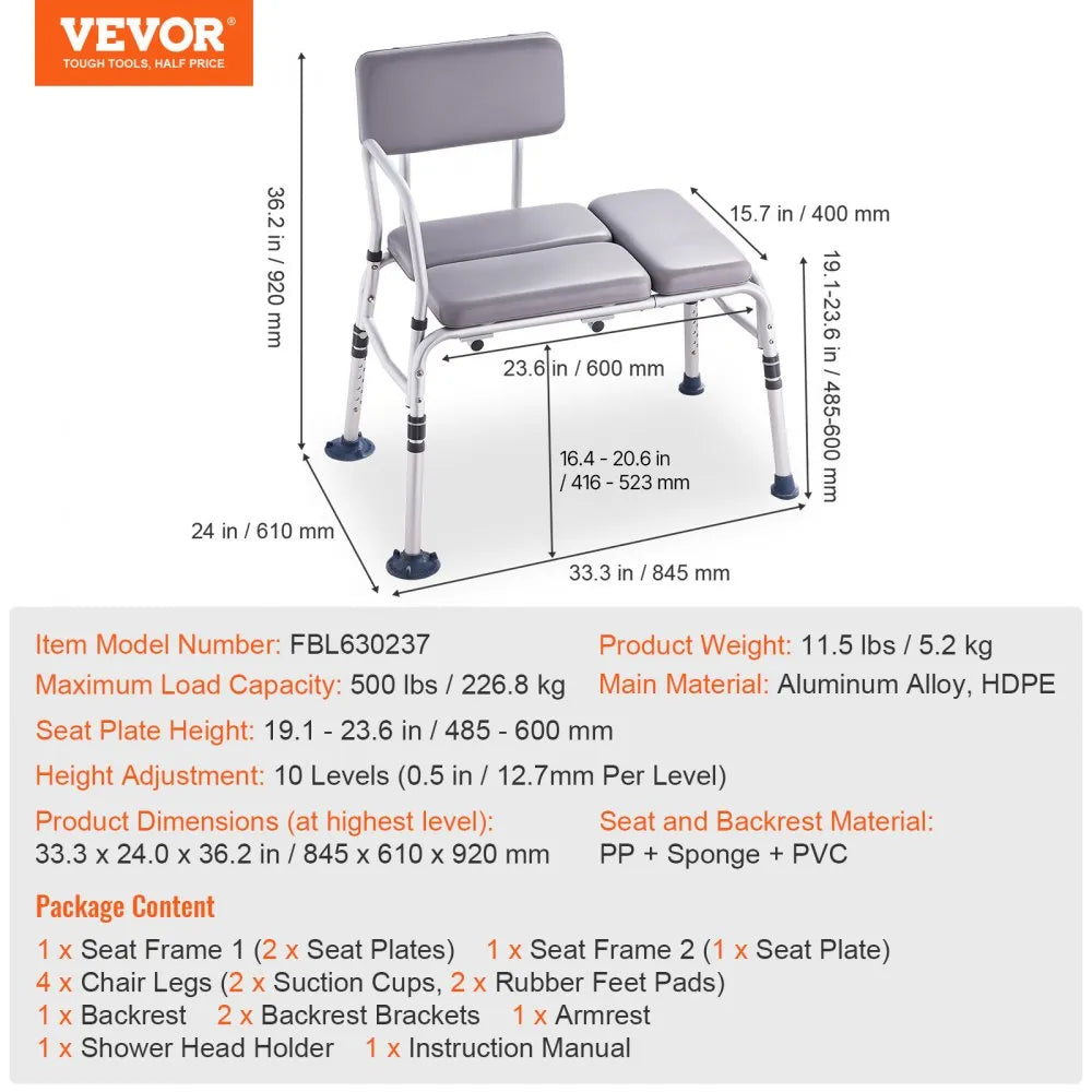 VEVOR Tub Transfer Bench for Bathtub 500lbs, Shower Seats for Adults, Lightweight Shower Bench for Elderly and Disabled with Padded Seat, Non-Slip Bath Seats with Armrest and Reversible Backrest