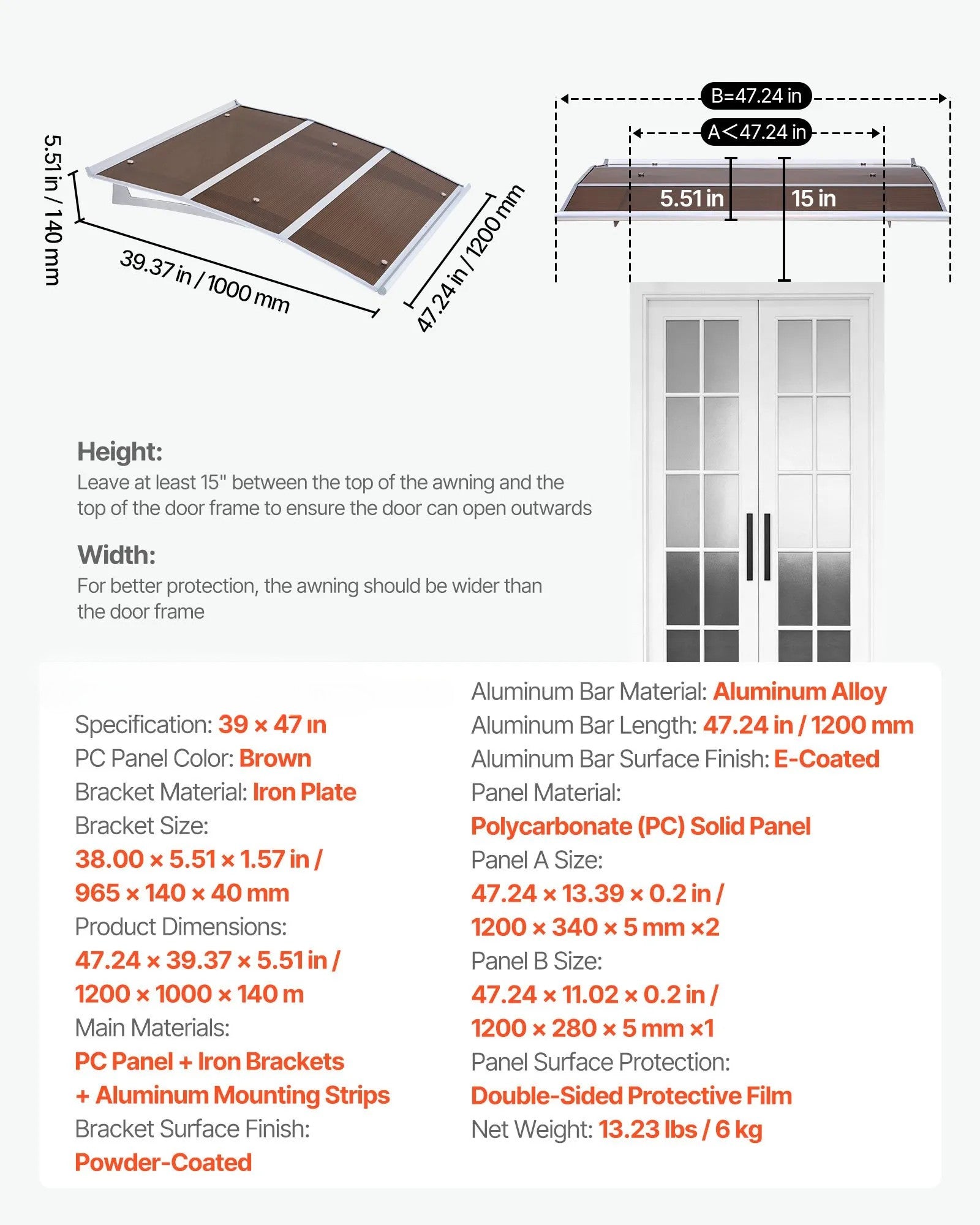 VEVOR Exterior Door & Window Awning, Polycarbonate, Brown