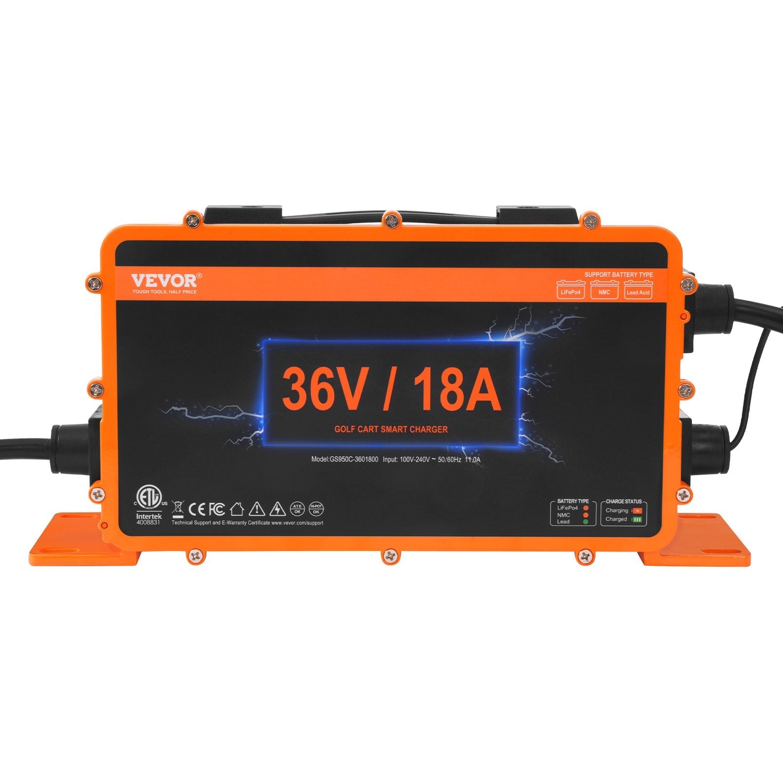 VEVOR 36 Volt Golf Cart Battery Charger, 18 AMP, Smart Battery Charger with D-Style Plug, Compatible with Lead-Acid AGM/GEL/EFB MF NMC LiFePO4 Batteries for EZGO TXT, IP67 Waterproof ETL Certified