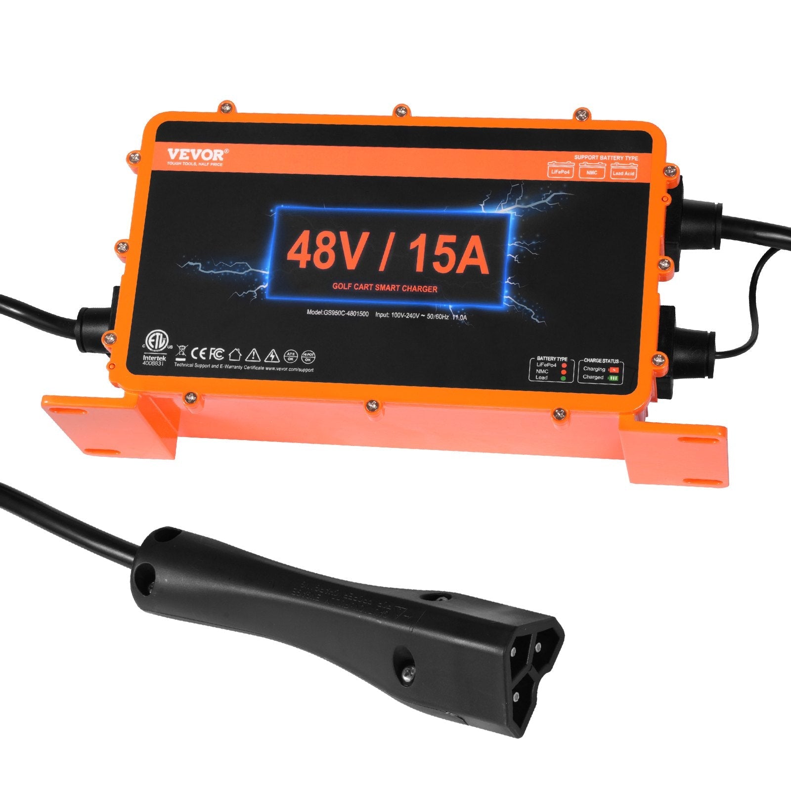 VEVOR 48 Volt Golf Cart Battery Charger, 15 AMP, Smart Battery Charger with RXV Plug, Compatible with Lead-Acid AGM/GEL/EFB MF Flooded NMC LiFePO4 Batteries for EZGO TXT, IP67 Waterproof ETL Certified