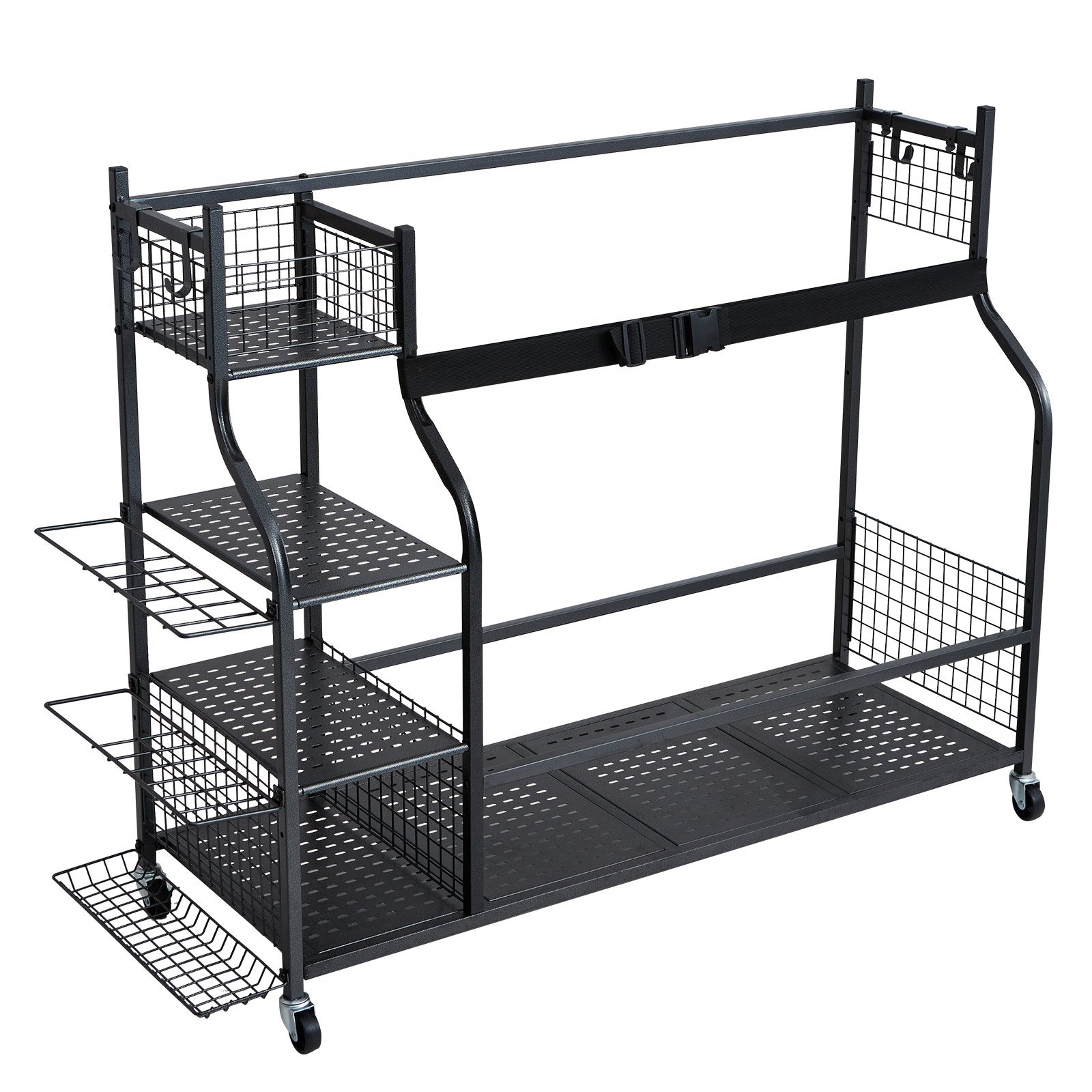 VEVOR Golf Storage Garage Organizer, 3 Golf Bag Stand Holder and Other Sports Equipment Storage Rack, Rolling Ball Cart on Wheels, Outdoor Sport Gear and Toy Storage with Baskets & Hooks, Steel, Black
