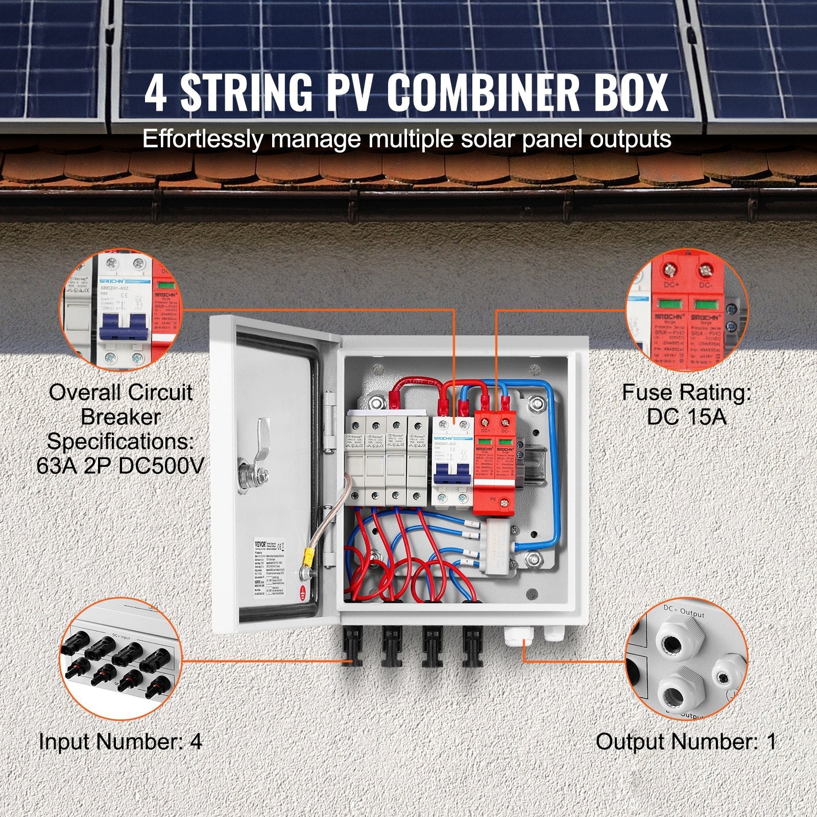 VEVOR Solar PV Combiner Box 4 String 15A for Solar Panel System Steel Case IP65