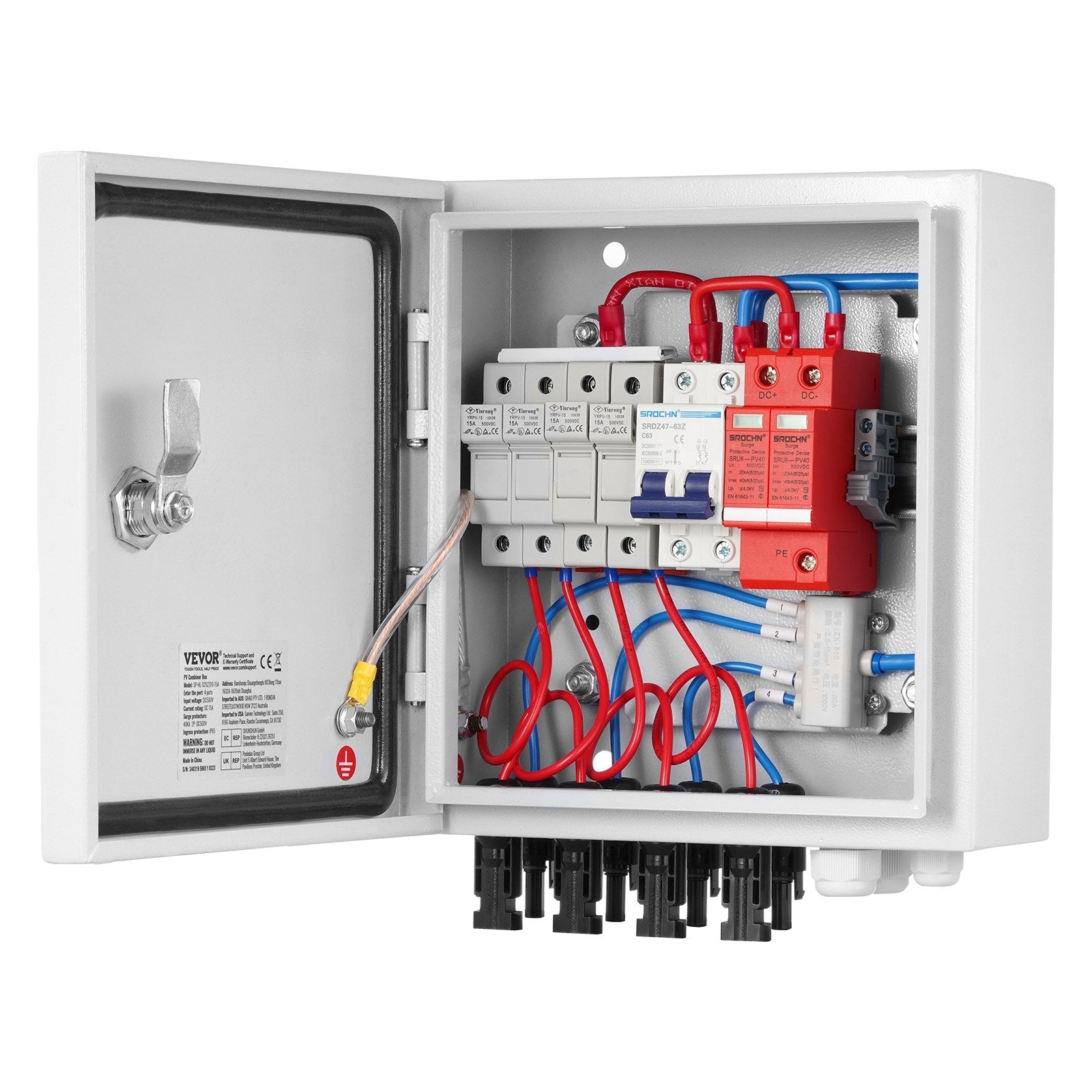 VEVOR Solar PV Combiner Box 4 String 15A for Solar Panel System Steel Case IP65