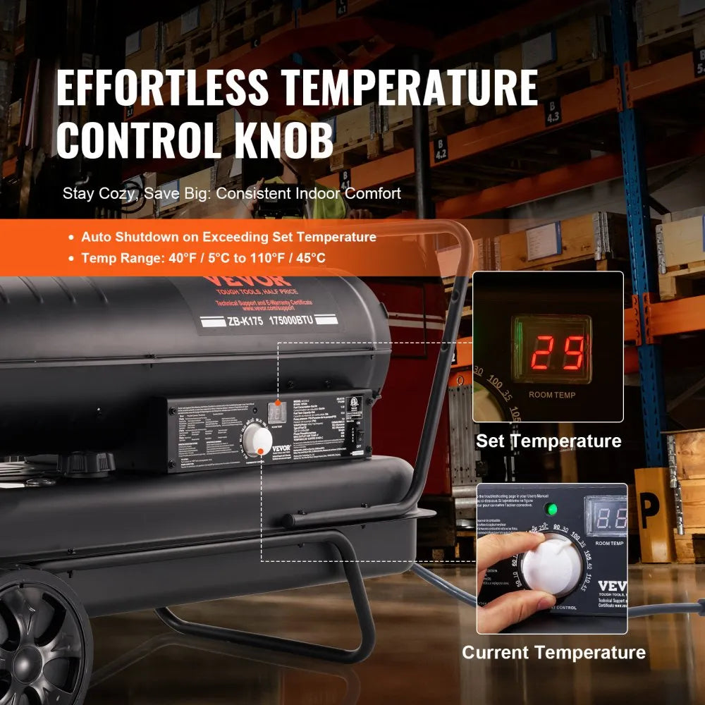 VEVOR Kerosene Forced Air Heater, 175,000 BTU Portable Torpedo Diesel Space Heater with Thermostat, 13.2 Gal Tank, Energy-Efficient for Workshop & Industry