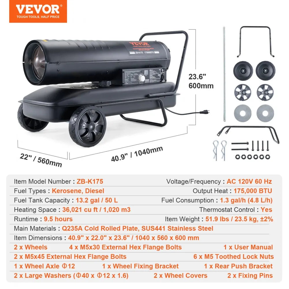 VEVOR Kerosene Forced Air Heater, 175,000 BTU Portable Torpedo Diesel Space Heater with Thermostat, 13.2 Gal Tank, Energy-Efficient for Workshop & Industry