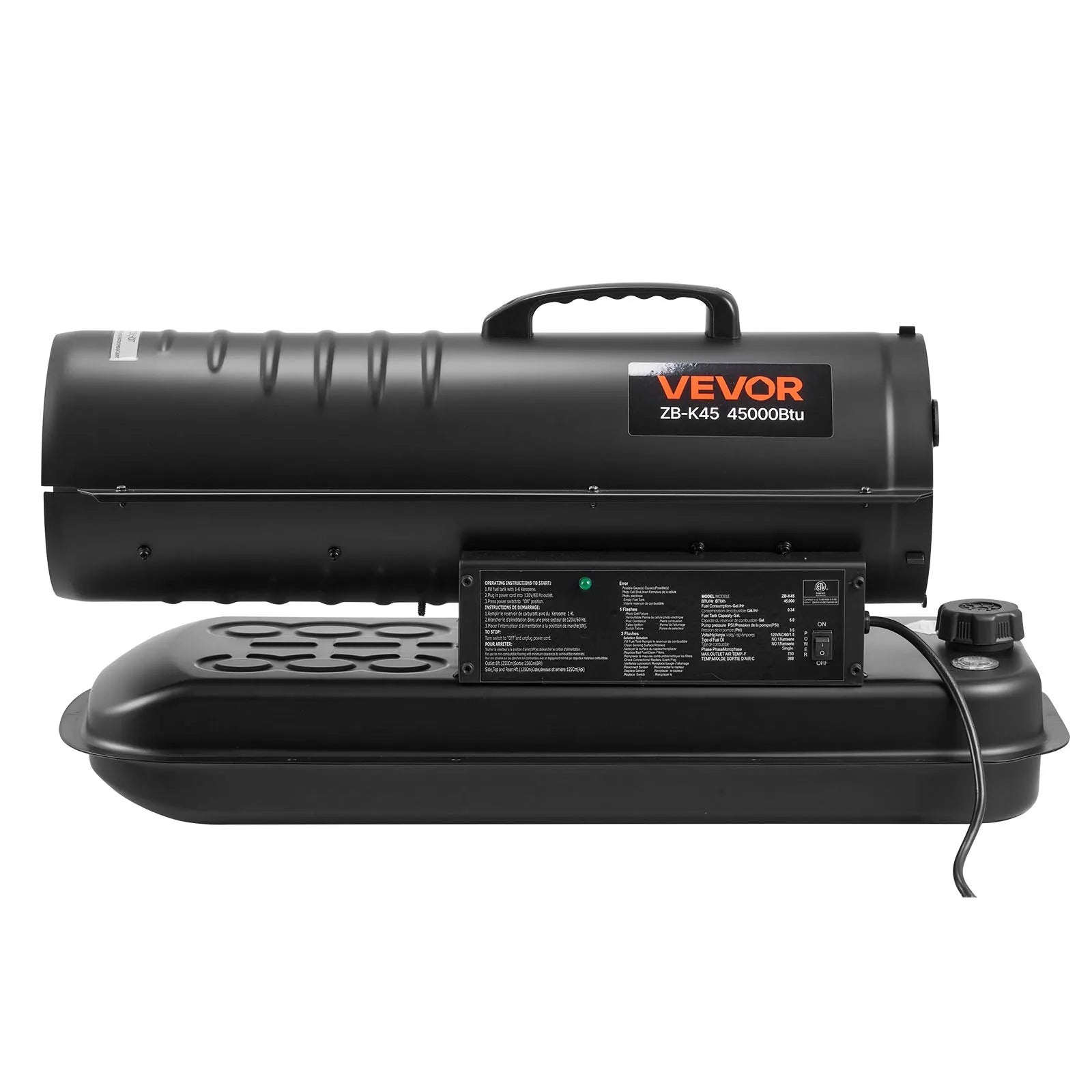 VEVOR 45,000 BTU Forced Air Kerosene Diesel Heater – Portable Torpedo Space Heater with Wheels & Handle for Garage, Jobsite, Workshop, Warehouse, and Outdoor Heating