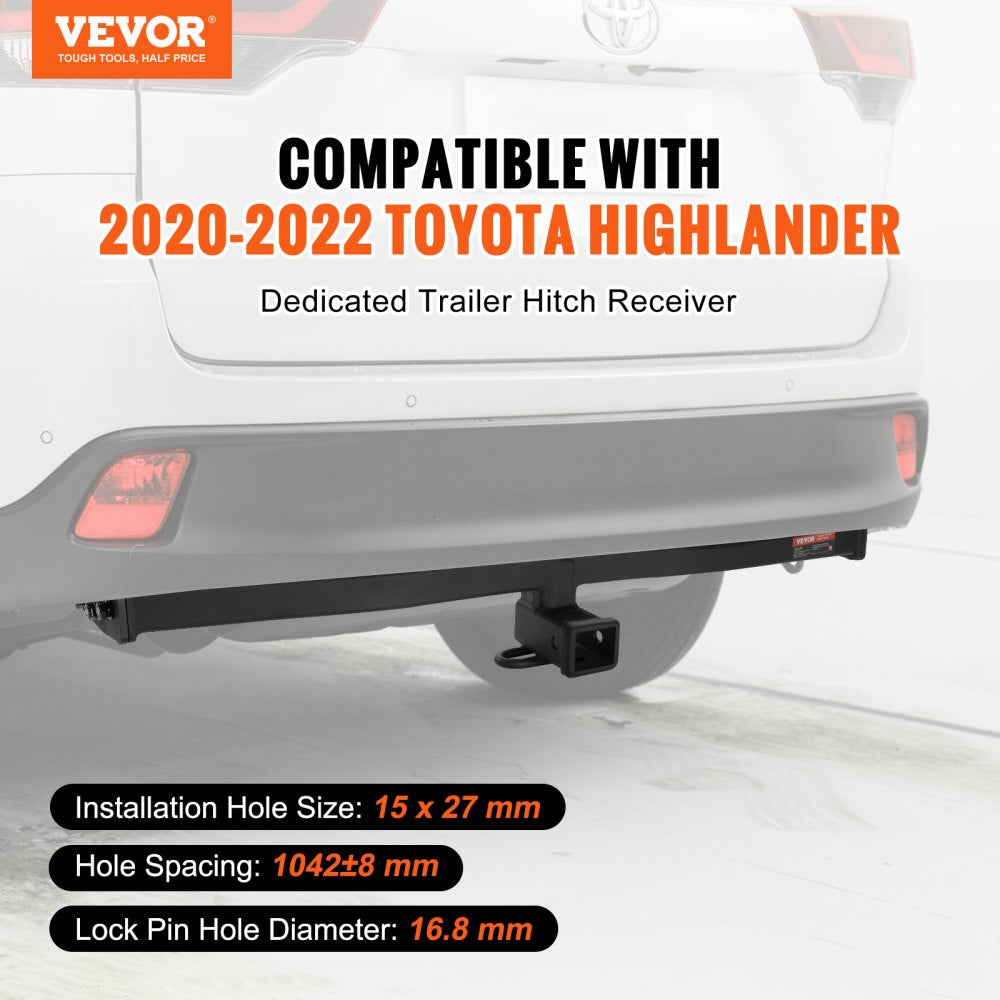 VEVOR Class 3 Trailer Hitch, 2-Inch Receiver, Q455B Steel Tube Frame, Compatible with 2020-2023 Toyota Highlander, Multi-Fit Hitch to Receive Ball Mount, Cargo Carrier, Bike Rack, and Tow Hook, Black