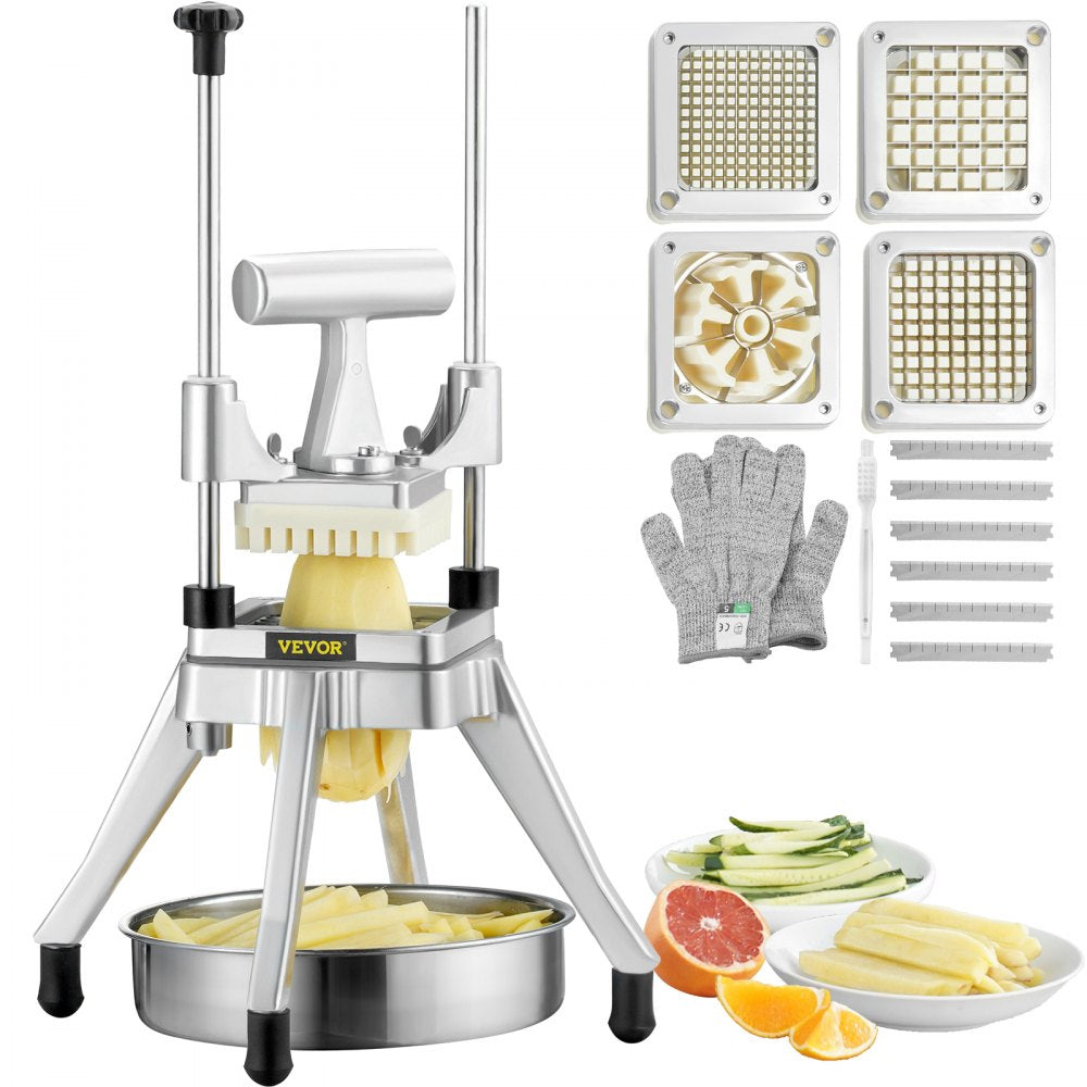 VEVOR Commercial Vegetable Fruit Chopper, Stainless Steel French Fry Cutter with 4 Blades 1/4" 3/8" 1/2", 6-wedge Slicer, Chopper Dicer with Tray, Heavy Duty Cutter for Potato Tomato Onion Mushroom