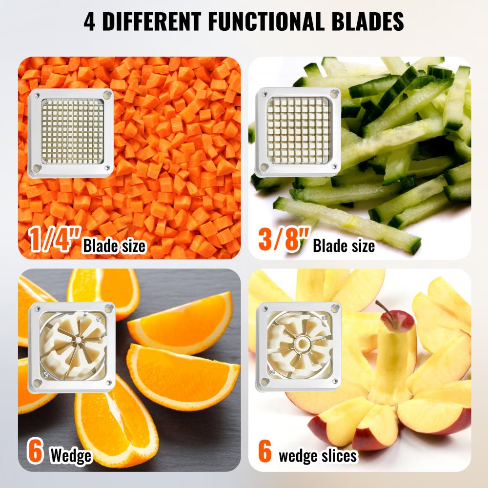 VEVOR Commercial French Fry Cutter with 4 Replacement Blades, 1/4? & 3/8? Blade Easy Dicer Chopper, 6-wedge Slicer & 6-wedge Apple Corer, Lemon Potato Cutter for French Fries with Tray and Handle