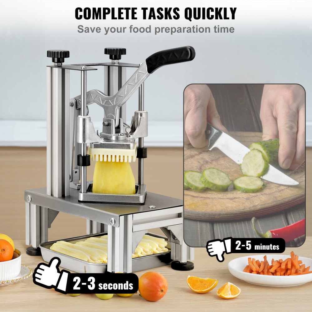 VEVOR Commercial French Fry Cutter with 4 Replacement Blades, 1/4? & 3/8? Blade Easy Dicer Chopper, 6-wedge Slicer & 6-wedge Apple Corer, Lemon Potato Cutter for French Fries with Tray and Handle
