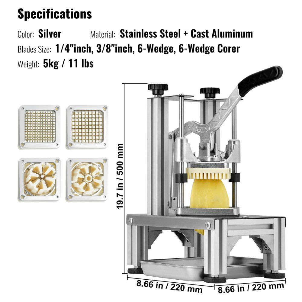 VEVOR Commercial French Fry Cutter with 4 Replacement Blades, 1/4? & 3/8? Blade Easy Dicer Chopper, 6-wedge Slicer & 6-wedge Apple Corer, Lemon Potato Cutter for French Fries with Tray and Handle