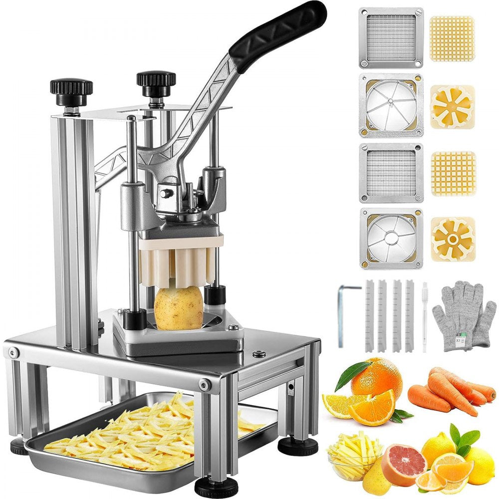 VEVOR Commercial French Fry Cutter with 4 Replacement Blades, 1/4? & 3/8? Blade Easy Dicer Chopper, 6-wedge Slicer & 6-wedge Apple Corer, Lemon Potato Cutter for French Fries with Tray and Handle