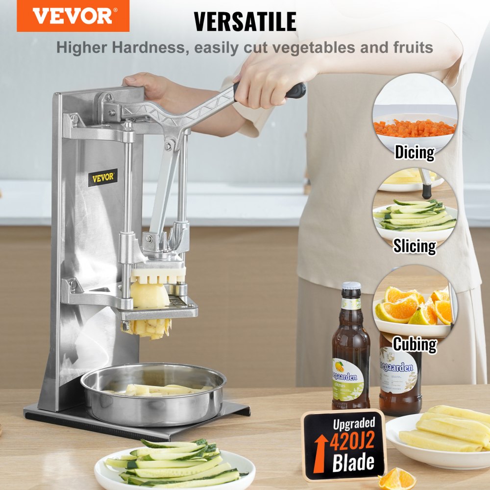 VEVOR Commercial French Fry Cutter with 4 Replacement Blades, 1/4? and 3/8? Blade Easy Dicer Chopper, 6-wedge Slicer and 6-wedge Apple Corer, Lemon Potato Cutter for French Fries with Extended Handle