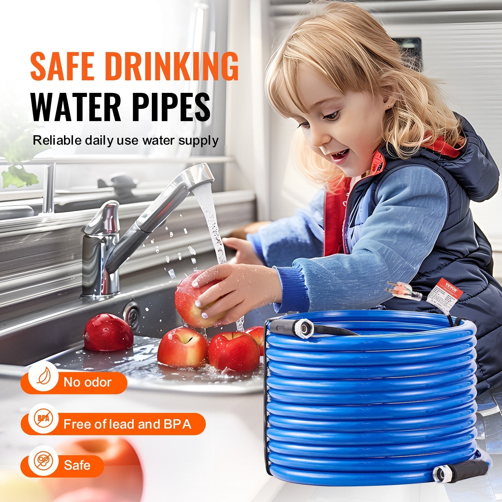 VEVOR 100ft Heated Water Hose for RV, Heated Drinking Water Hose Antifreeze to -45°F, Automatic Self-regulating, 5/8" I.D. with 3/4" GHT Adapter, Lead and BPA Free