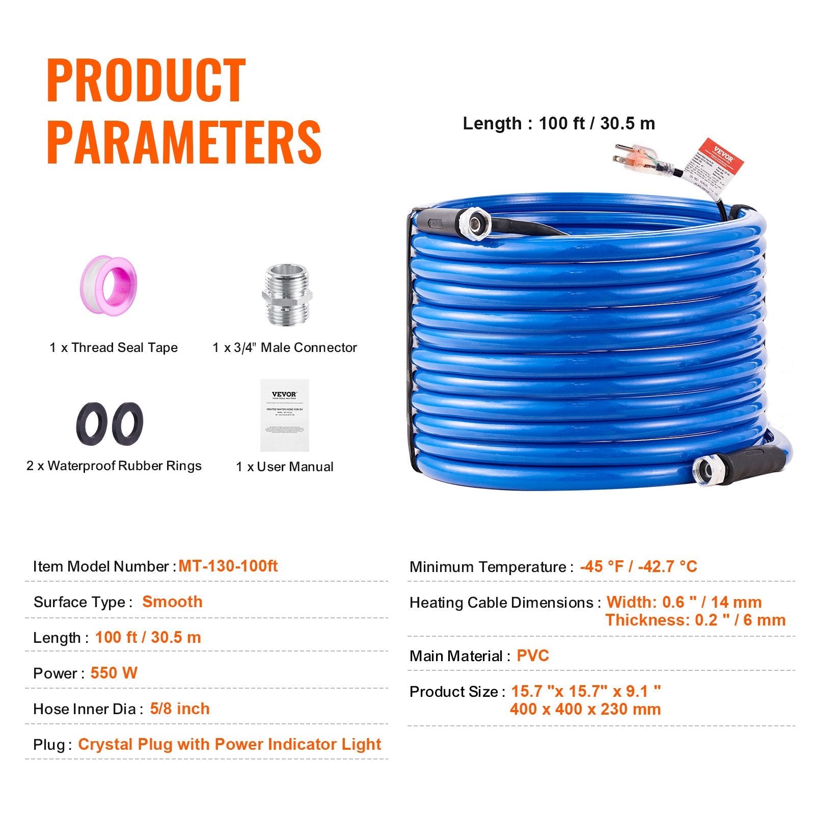 VEVOR 100ft Heated Water Hose for RV, Heated Drinking Water Hose Antifreeze to -45°F, Automatic Self-regulating, 5/8" I.D. with 3/4" GHT Adapter, Lead and BPA Free