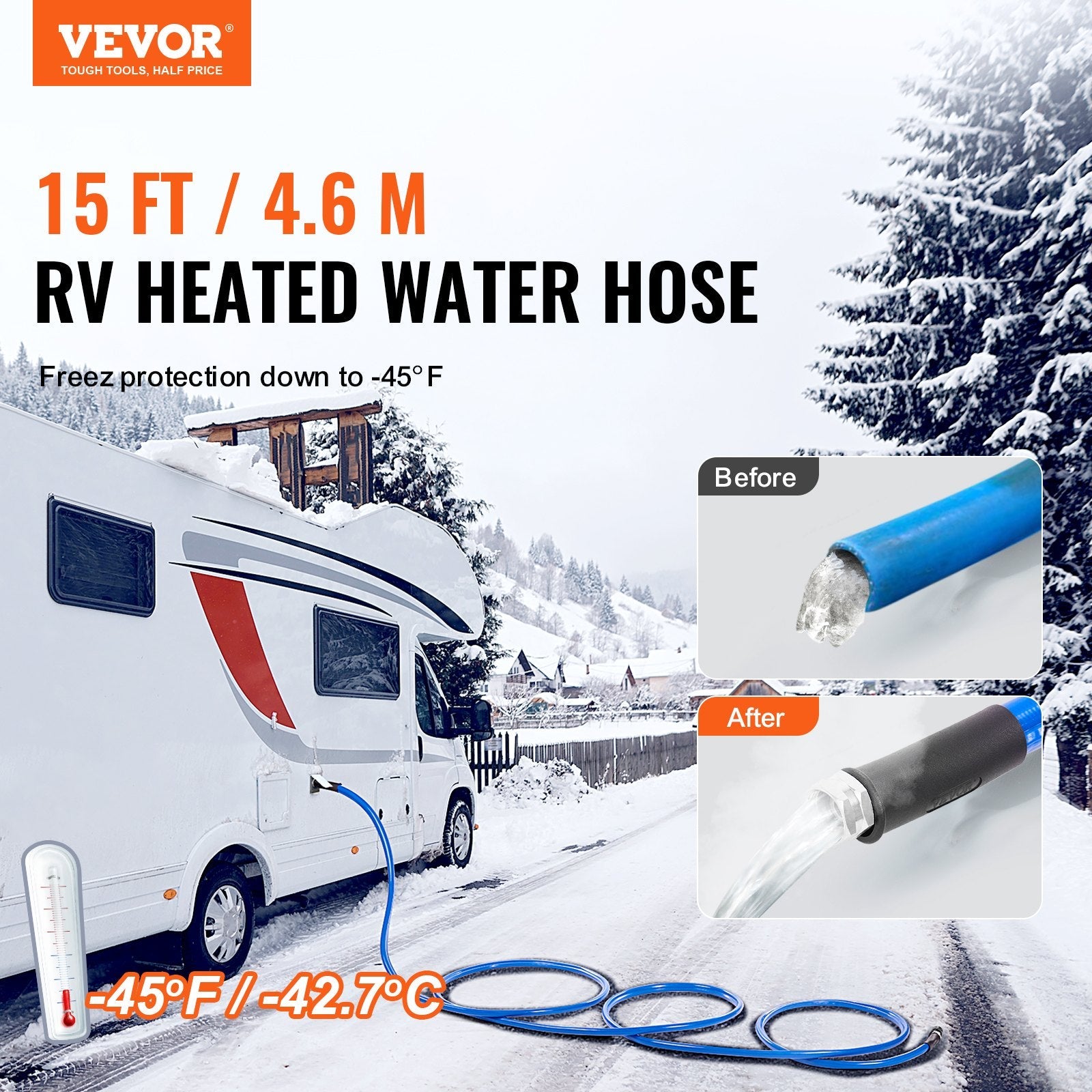 VEVOR 15ft Heated Water Hose for RV, Heated Drinking Water Hose Antifreeze to -45°F, Automatic Self-regulating, 5/8" I.D. with 3/4" GHT Adapter, Lead and BPA Free