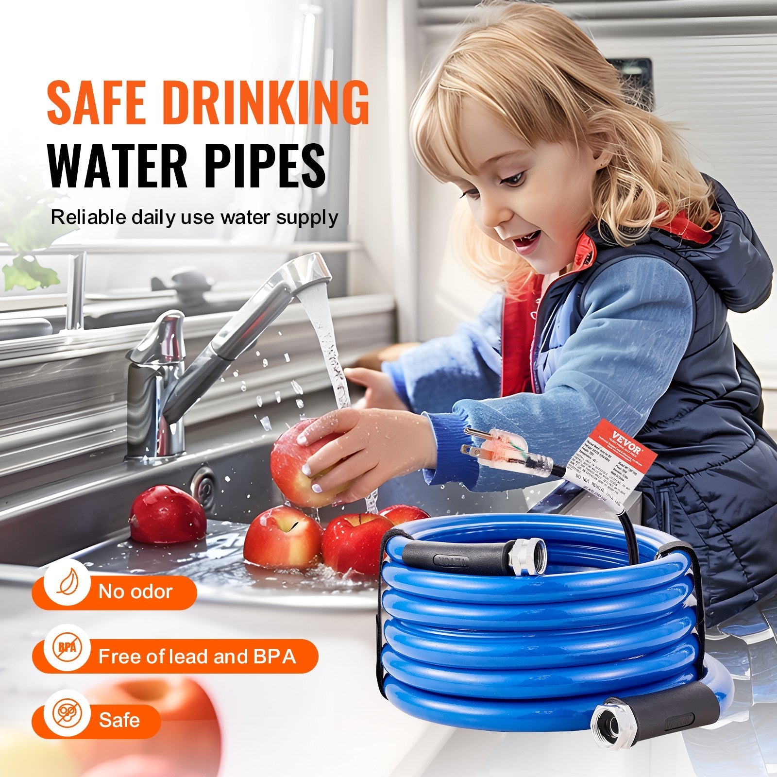 VEVOR 15ft Heated Water Hose for RV, Heated Drinking Water Hose Antifreeze to -45°F, Automatic Self-regulating, 5/8" I.D. with 3/4" GHT Adapter, Lead and BPA Free