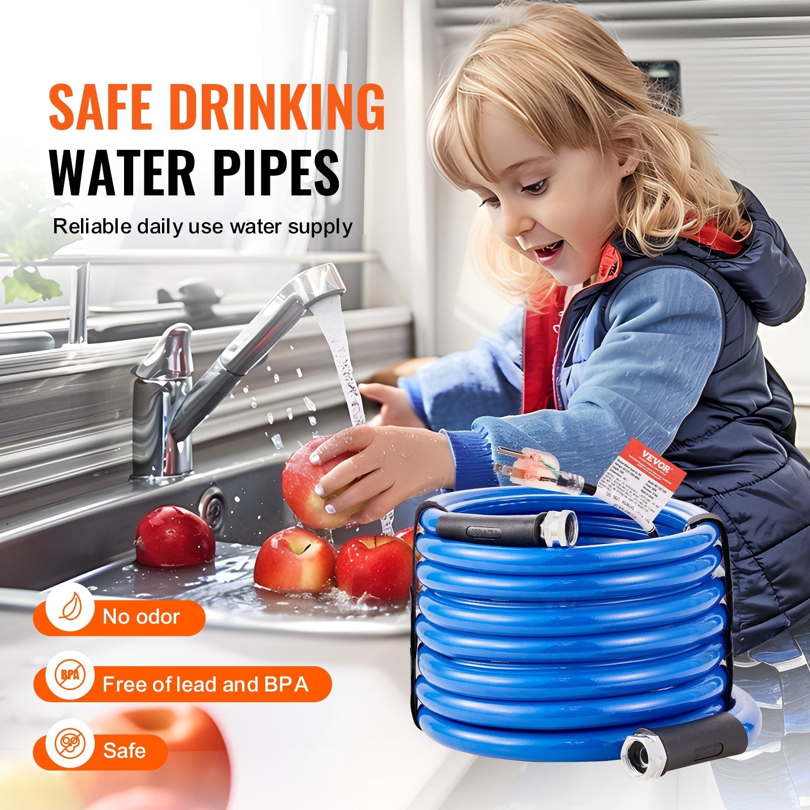 VEVOR 30ft Heated Water Hose for RV, Heated Drinking Water Hose Antifreeze to -45°F, Automatic Self-regulating, 5/8" I.D. with 3/4" GHT Adapter, Lead and BPA Free