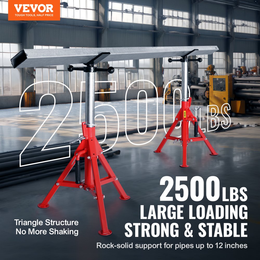 VEVOR V Head Pipe Stand 1/8\"-12\" Capacity,Adjustable Height 20\"-37\",Pipe Jack Stands 2500 lb. Load Capacity,Portable Folding Pipe Stands, Carbon Steel Body More Durable