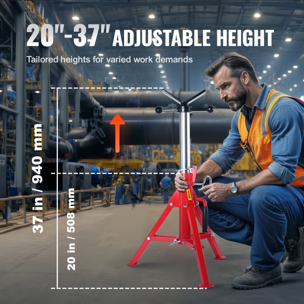 VEVOR V Head Pipe Stand 1/8\"-12\" Capacity,Adjustable Height 20\"-37\",Pipe Jack Stands 2500 lb. Load Capacity,Portable Folding Pipe Stands, Carbon Steel Body More Durable