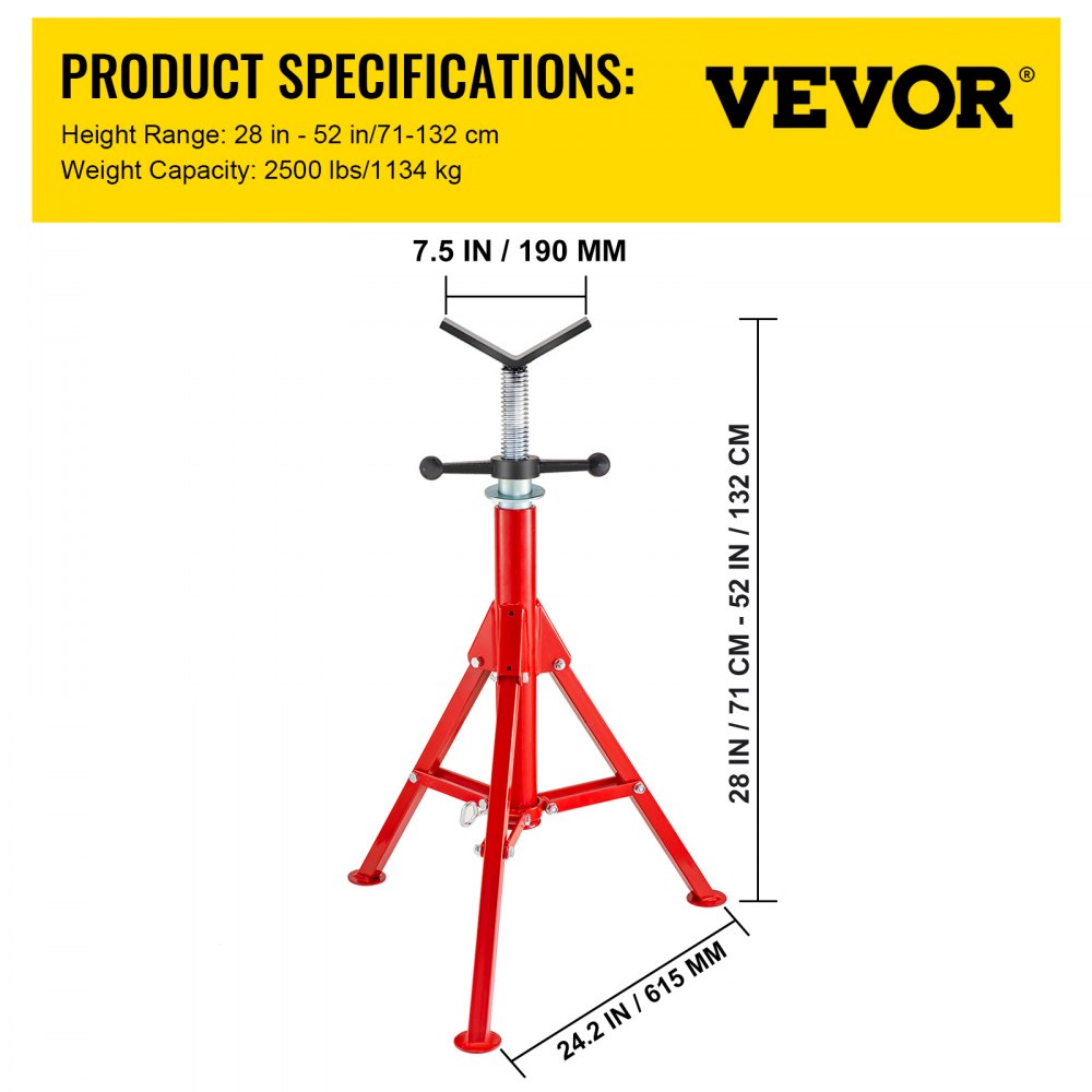VEVOR V Head Pipe Stand Adjustable Height 28-52 Inch, Pipe Jack Stands 2500 LB. Capacity,Folding Portable Pipe Stands 1/2 to 12 Inch Pipe Supporting,Steel Jack Stands