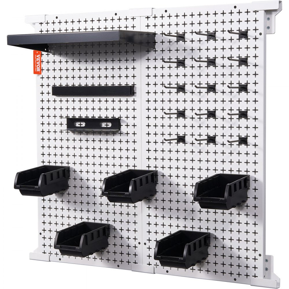 VEVOR Pegboard Wall Organizer 32" x 32", 330LBS Loading Garage Metal Pegboard Organizer Wall Mount, 25PCS Tool Storage Kit with 2 Peg Boards, Hooks, Storage Bins, Shelf Racks for Warehouse Garage Shop