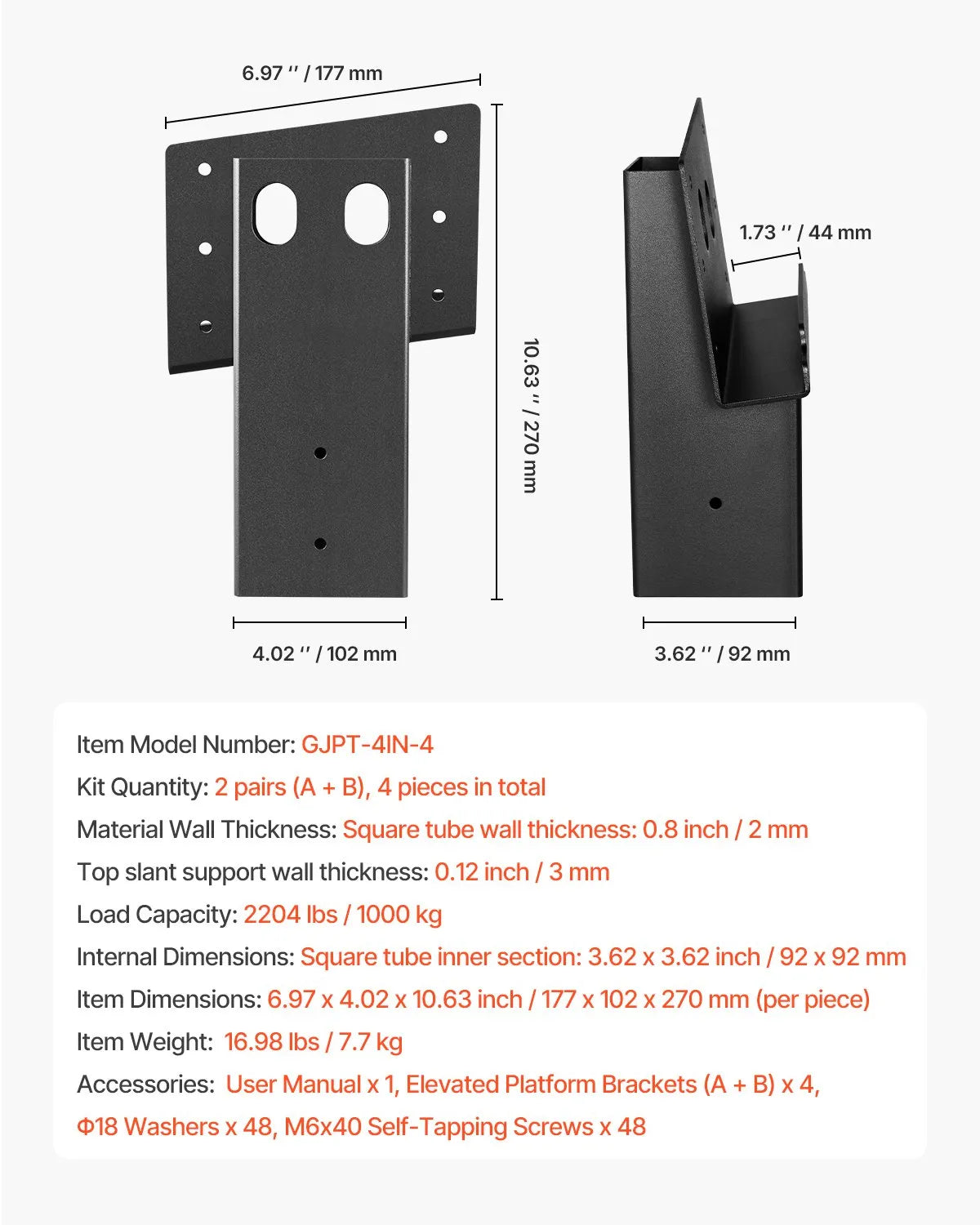VEVOR Compound Angle Platform Brackets Fit 3.5x3.5 In/88.9x88.9 mm Lumber 4 Pcs