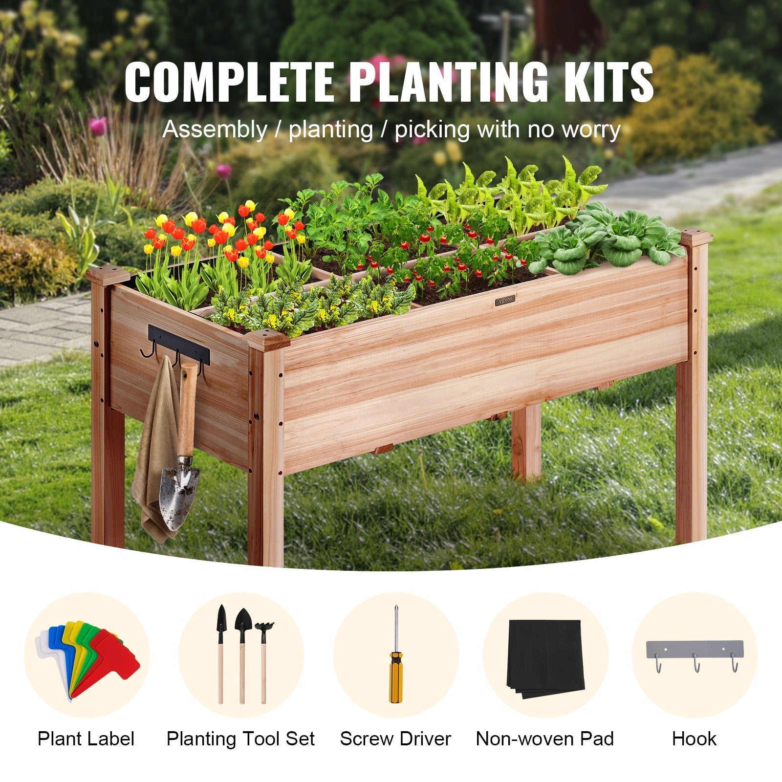 VEVOR Raised Garden Bed, 47.2 x 22.8 x 30 inch Wooden Planter Box, Elevated Outdoor Planting Boxes with Legs, for Growing Flowers/Vegetables/Herbs in Backyard/Garden/Patio/Balcony, Burlywood