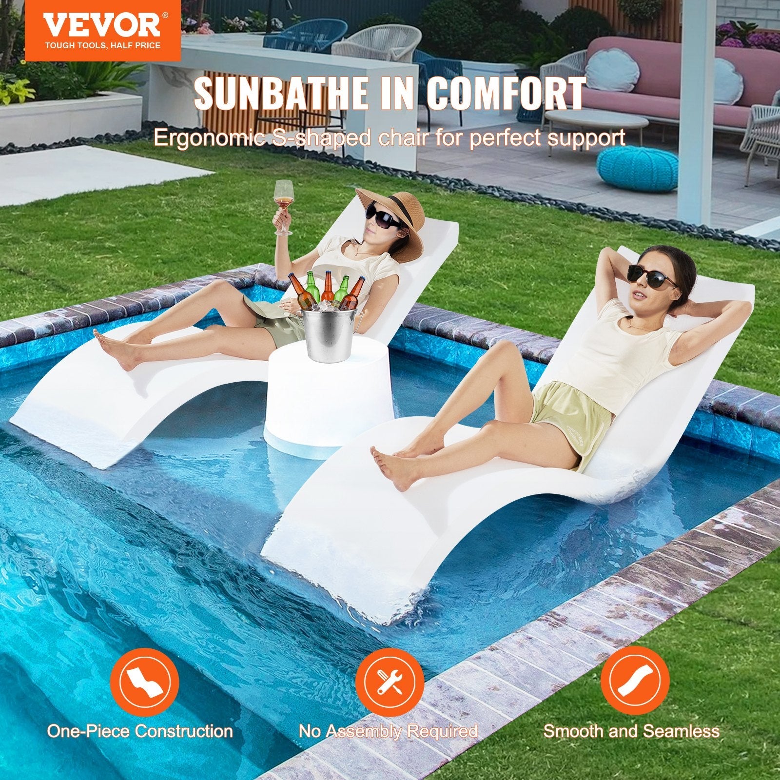 VEVOR in-Pool Lounge Chairs, Set of 2 Chaise Lounger, Inside Pool Lounge Chairs for Water Depths up to 9", Fixed in Pools & Floating on Water, All Pool Types, Poolside & Sun Deck Tanning
