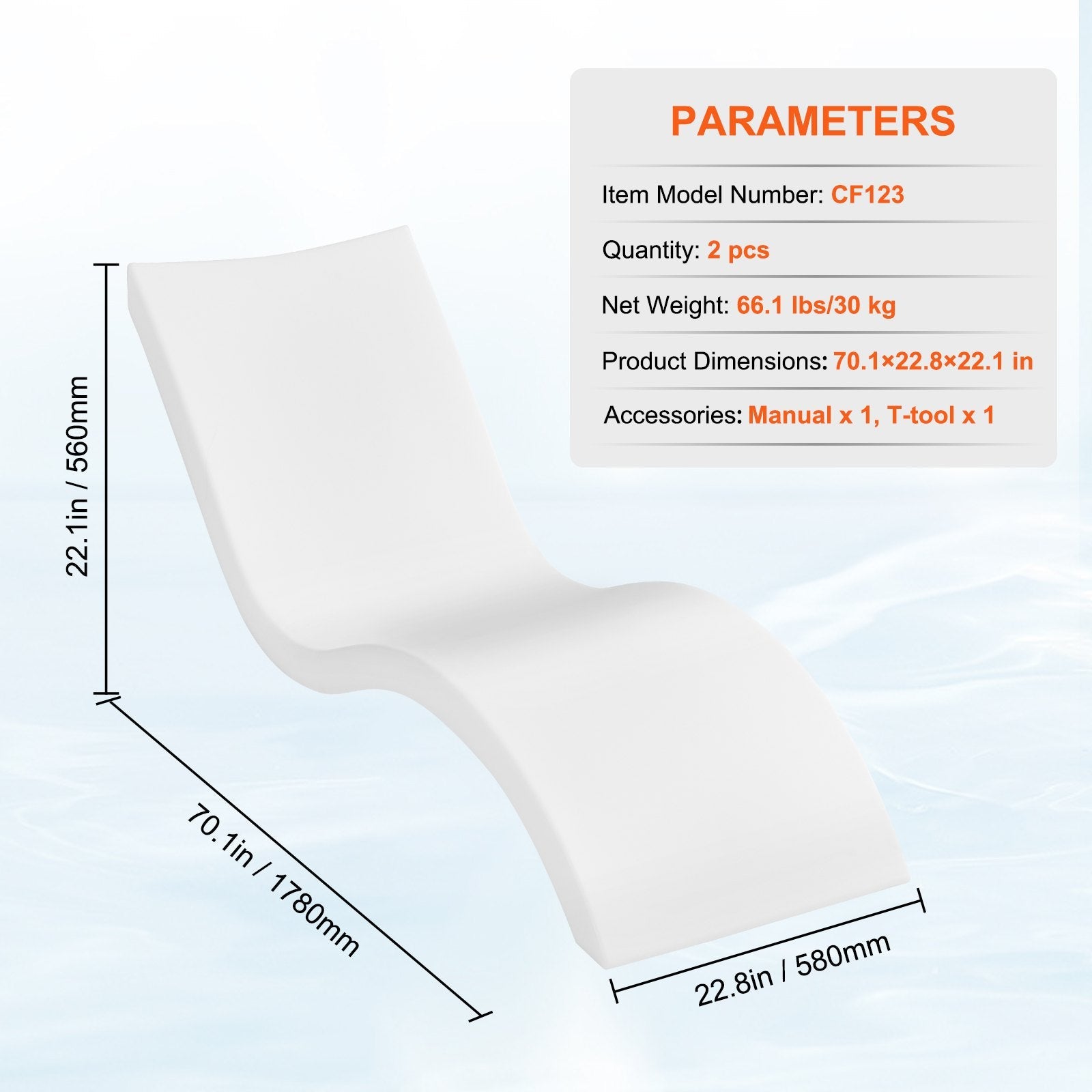 VEVOR in-Pool Lounge Chairs, Set of 2 Chaise Lounger, Inside Pool Lounge Chairs for Water Depths up to 9", Fixed in Pools & Floating on Water, All Pool Types, Poolside & Sun Deck Tanning