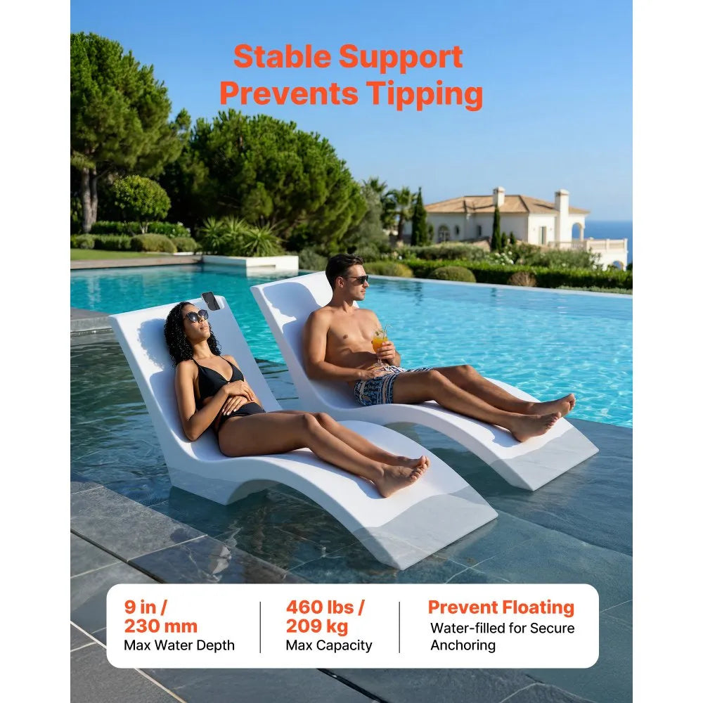 In-Pool Chaise Lounge Chairs Set of 2, Water-Filled Sun Shelf Pool Loungers with Cup & Phone Holder, White