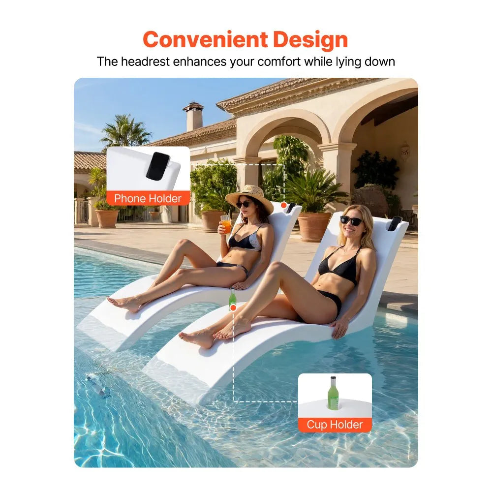 In-Pool Chaise Lounge Chairs Set of 2, Water-Filled Sun Shelf Pool Loungers with Cup & Phone Holder, White