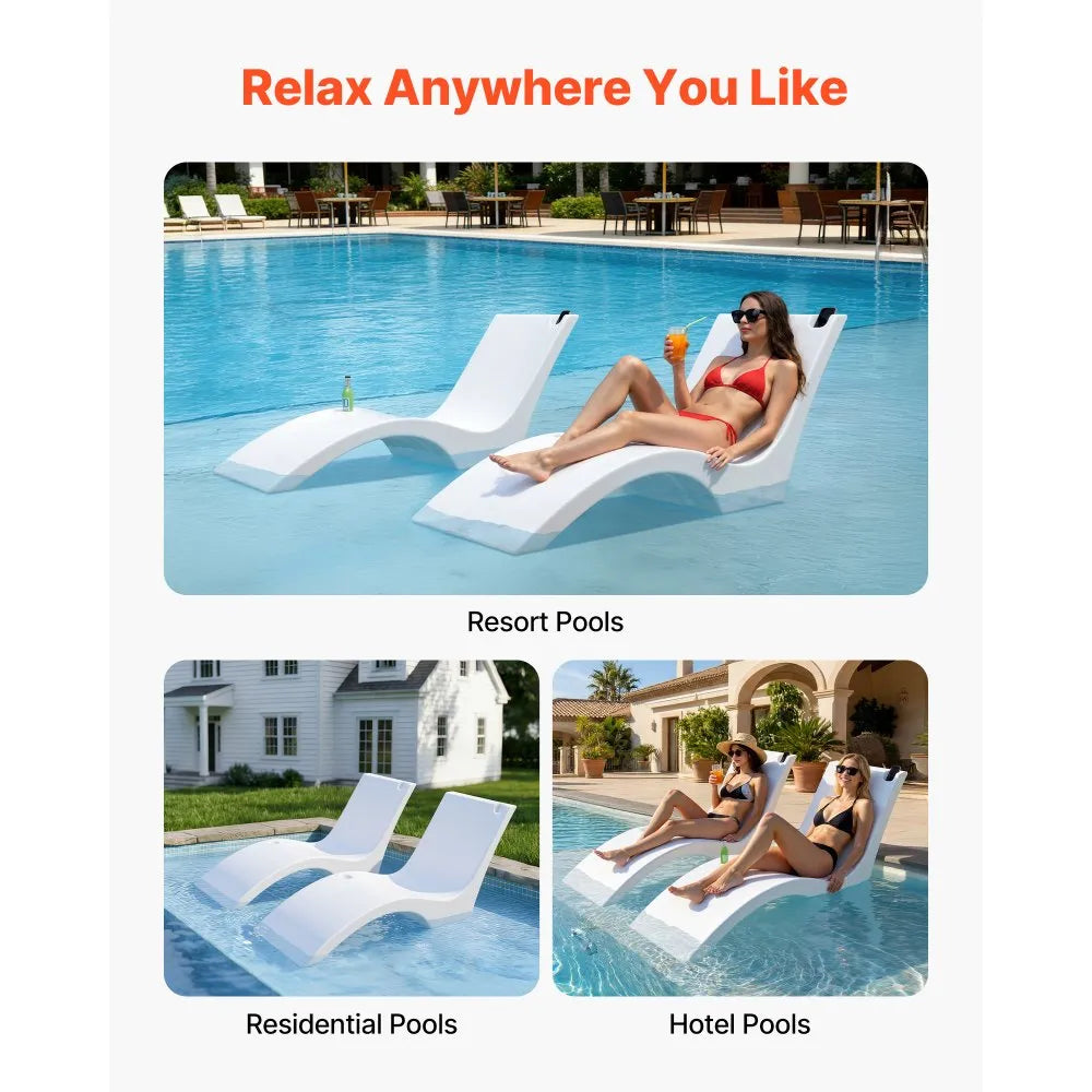 In-Pool Chaise Lounge Chairs Set of 2, Water-Filled Sun Shelf Pool Loungers with Cup & Phone Holder, White