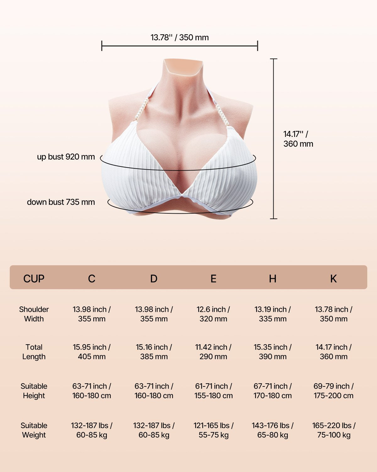VEVOR Silicone Breastplate K Sized High Neck Fake Breasts for Cosplay Drag Queen