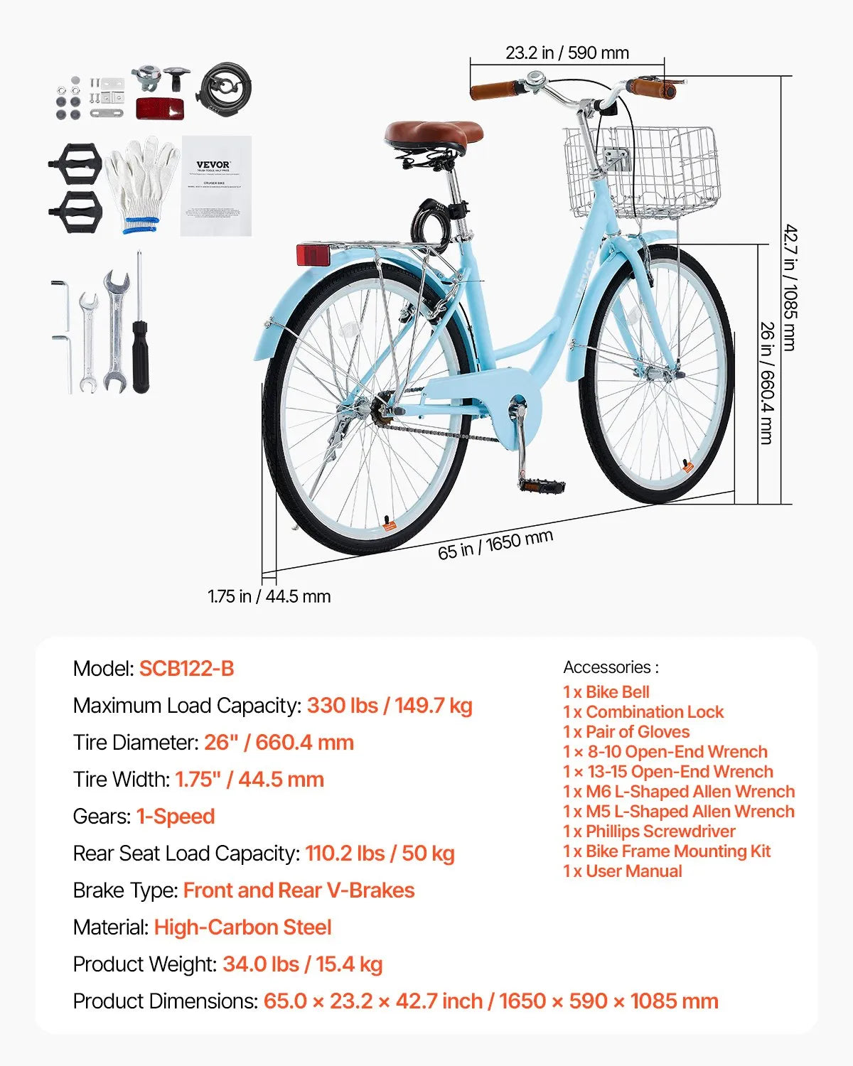 VEVOR Cruiser Bike, 1-Speed, 26-Inch Light Blue Beach Cruiser Bike with Large Capacity Basket and Rear Rack, Secure & Sturdy Cruiser Bike with Adjustable Seat, Fits for Cycling, Exercise & Shopping