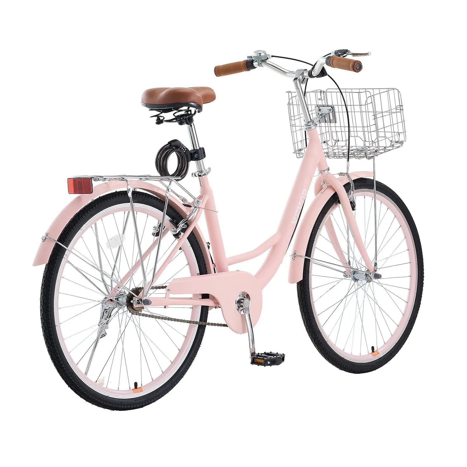 VEVOR Cruiser Bike, 1-Speed, 26-Inch Pink Beach Cruiser Bike with Large Capacity Basket and Rear Rack, Secure & Sturdy Cruiser Bike with Adjustable Seat, Fits for Cycling, Exercise & Shopping