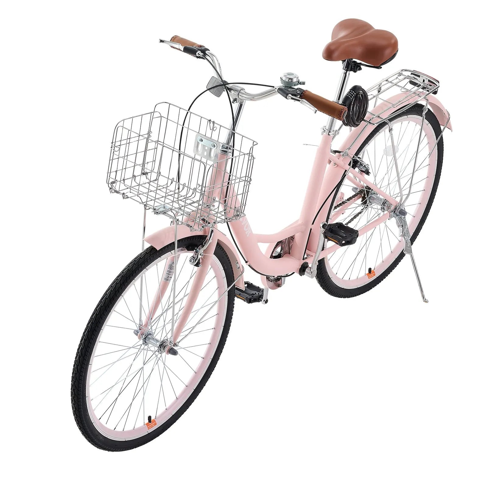 VEVOR Cruiser Bike, 1-Speed, 26-Inch Pink Beach Cruiser Bike with Large Capacity Basket and Rear Rack, Secure & Sturdy Cruiser Bike with Adjustable Seat, Fits for Cycling, Exercise & Shopping