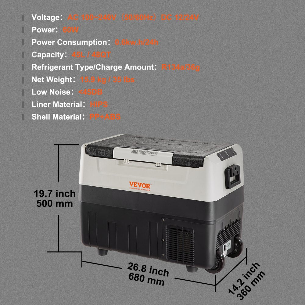 VEVOR Car Refrigerator, 12 Volt Car Refrigerator Fridge, 48 QT/45 L Dual Zone Portable Freezer, -4?-50? Adjustable Range, 12/24V DC and 100-240V AC Compressor Cooler for Outdoor, Camping, Travel, RV